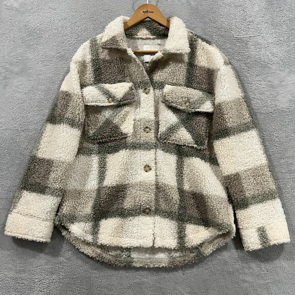 WallFlower Fuzzy Fleece Shacket Womens Medium Multicolor Plaid Button Front